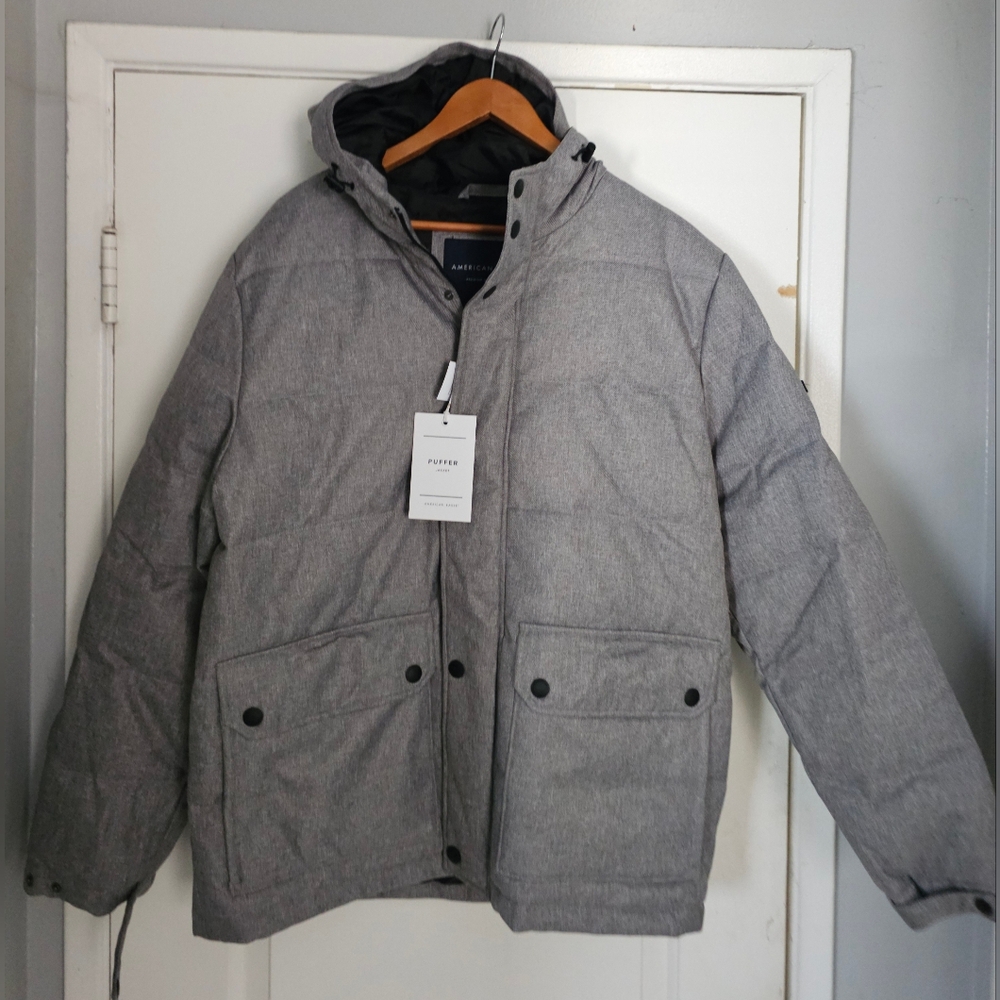 Men's Gray Puffer Jacket textured Gray Duck Down & Feathers American Eagle Large